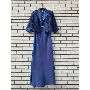 Alex Evenings Petite 8P Blue Maxi Dress Sheer Jacket Formal Rhinestone Set